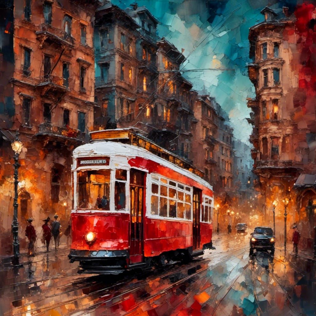 Historic Streetcar in European City, Semi-Abstract Oil Paint...