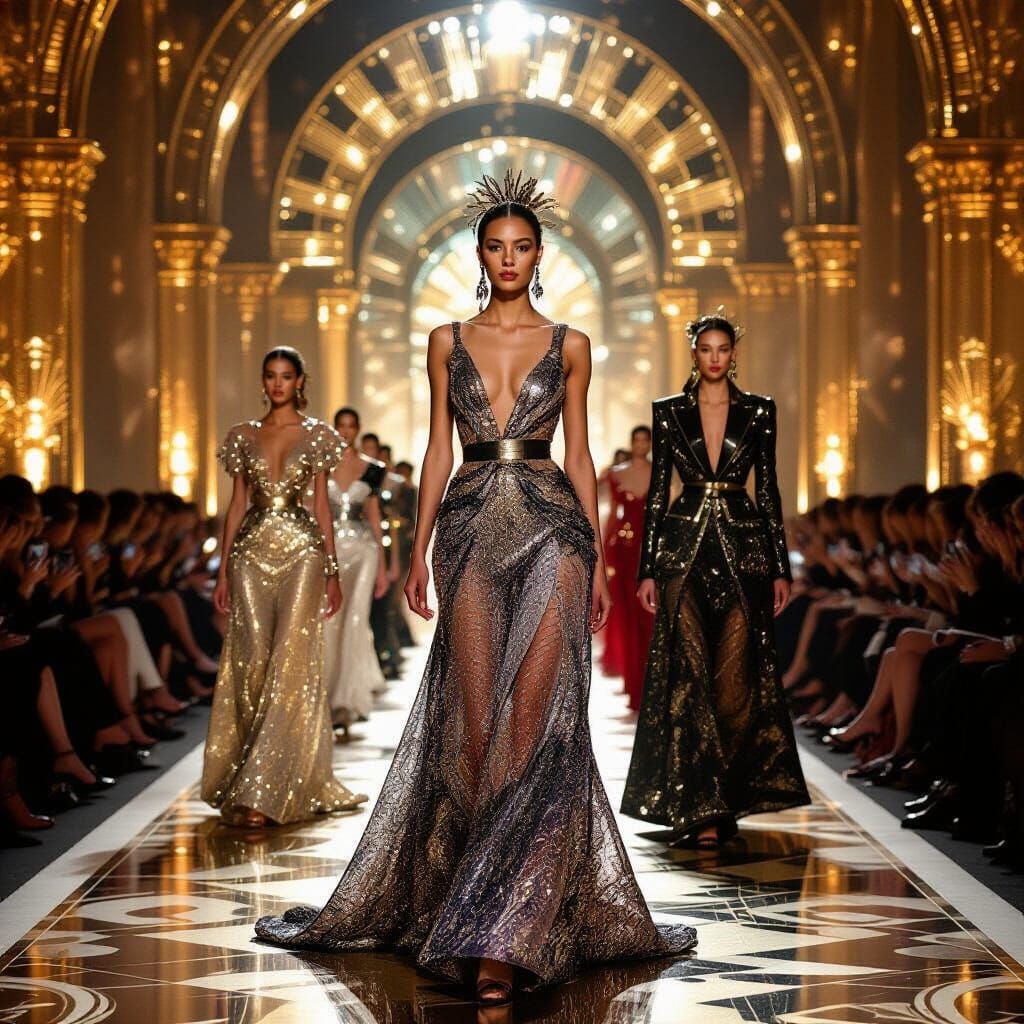 Metallic Couture on Art Deco Runway in Mucha Style