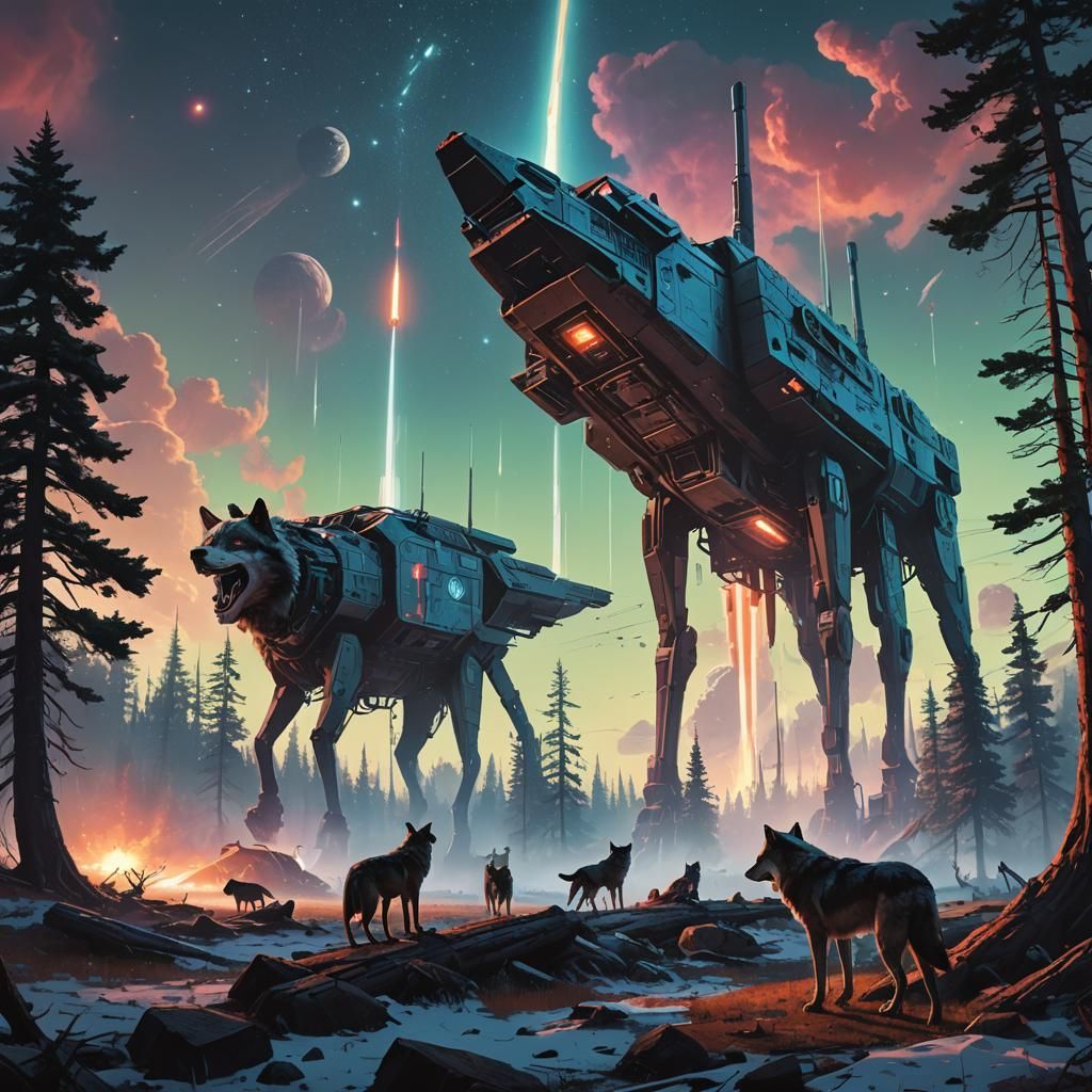 Wolves Watch Spaceship Launch in Fantasy Landscape