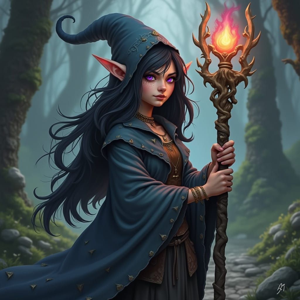 Weathered Gnome Witch Rises with Earthy Robes and Ancient St...