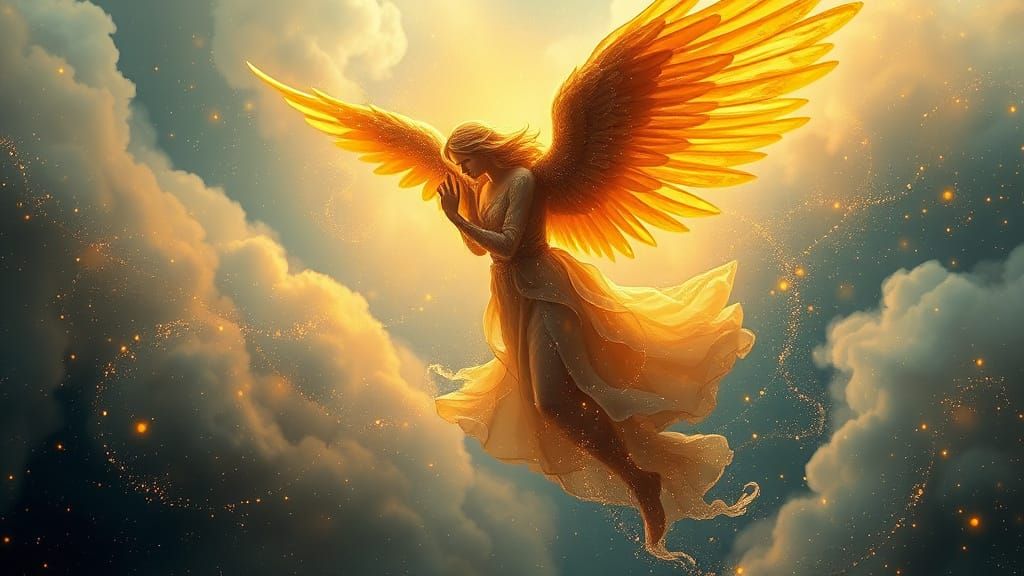 Ethereal Golden Angel in Dreamy Dynamic Poster Style