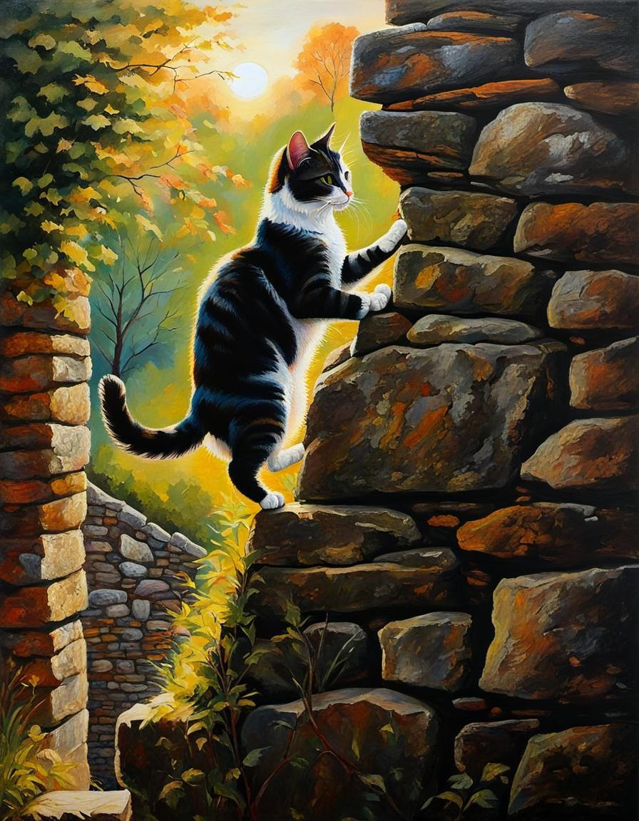 Cat Climbs Irish Stone Wall: Acrylic Painting