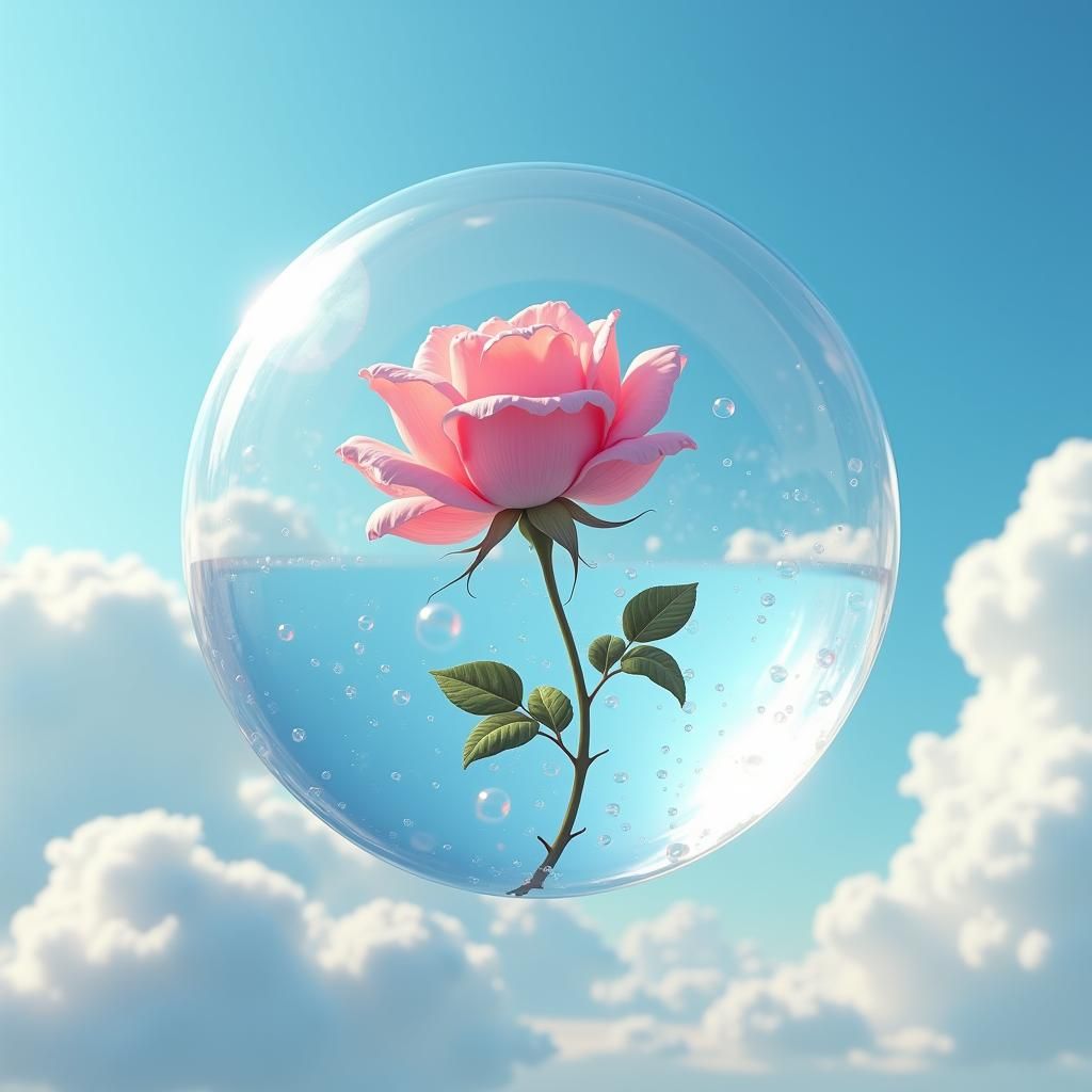 Rose in Glass Sphere Against Azure Sky
