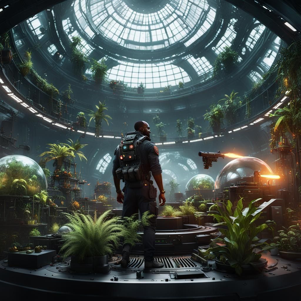 Biopunk Man in Dome with Plants, Hyperrealistic Art