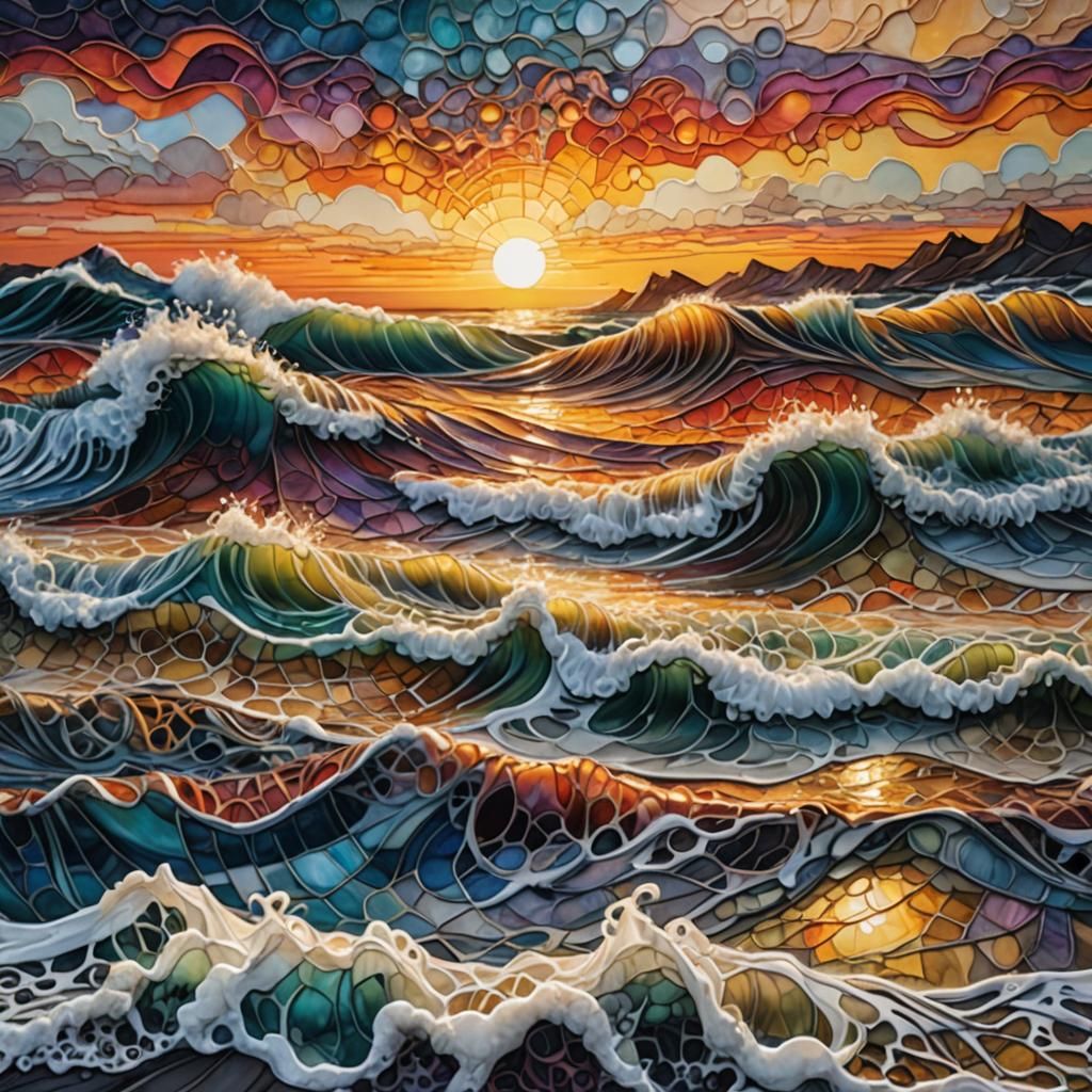 Waves Crashing on Shoreline in Surreal Style