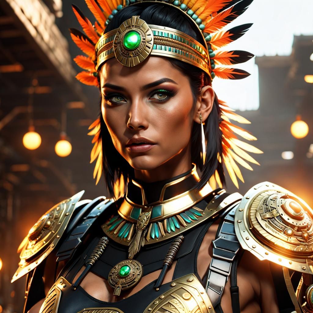 Aztec Warrior Woman with Flaming Sword in Cyberpunk Style