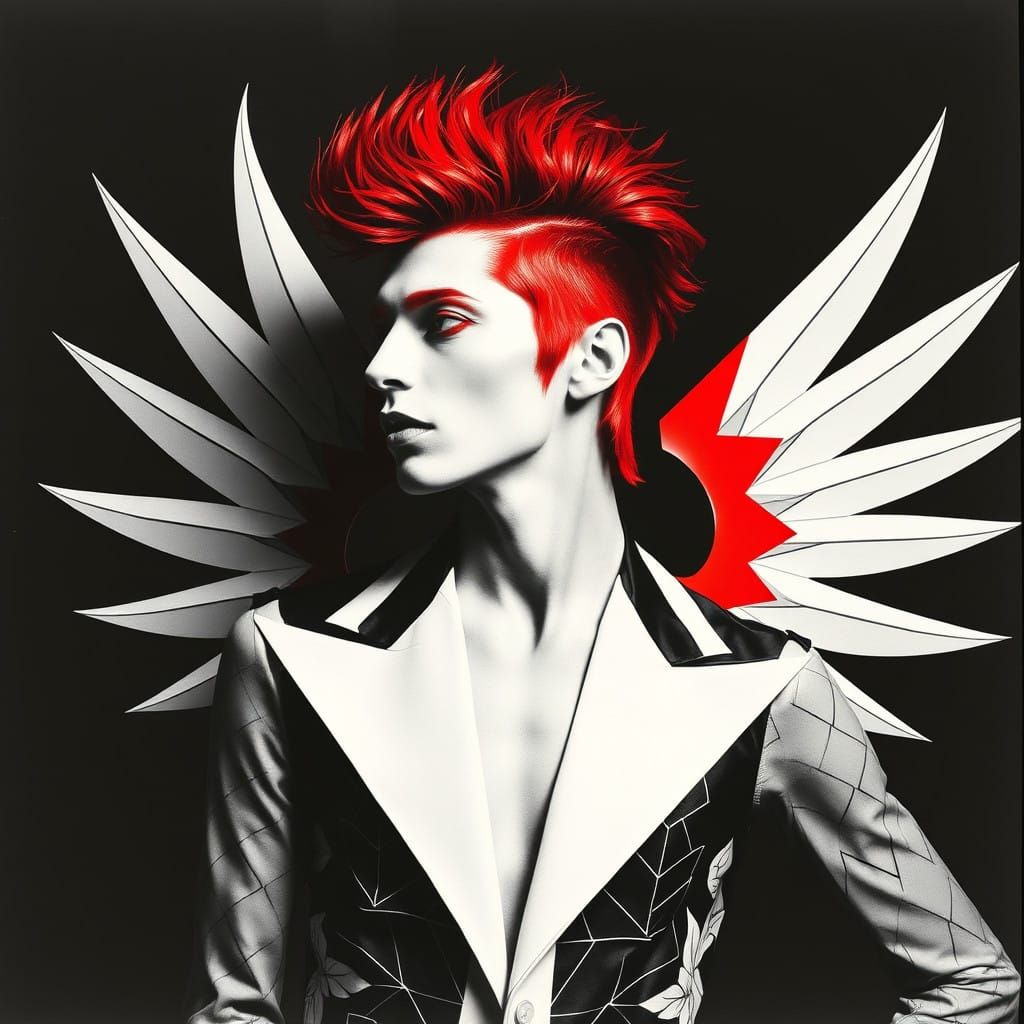 Avant-Garde Winged Male Model in Geometric Photogram Style