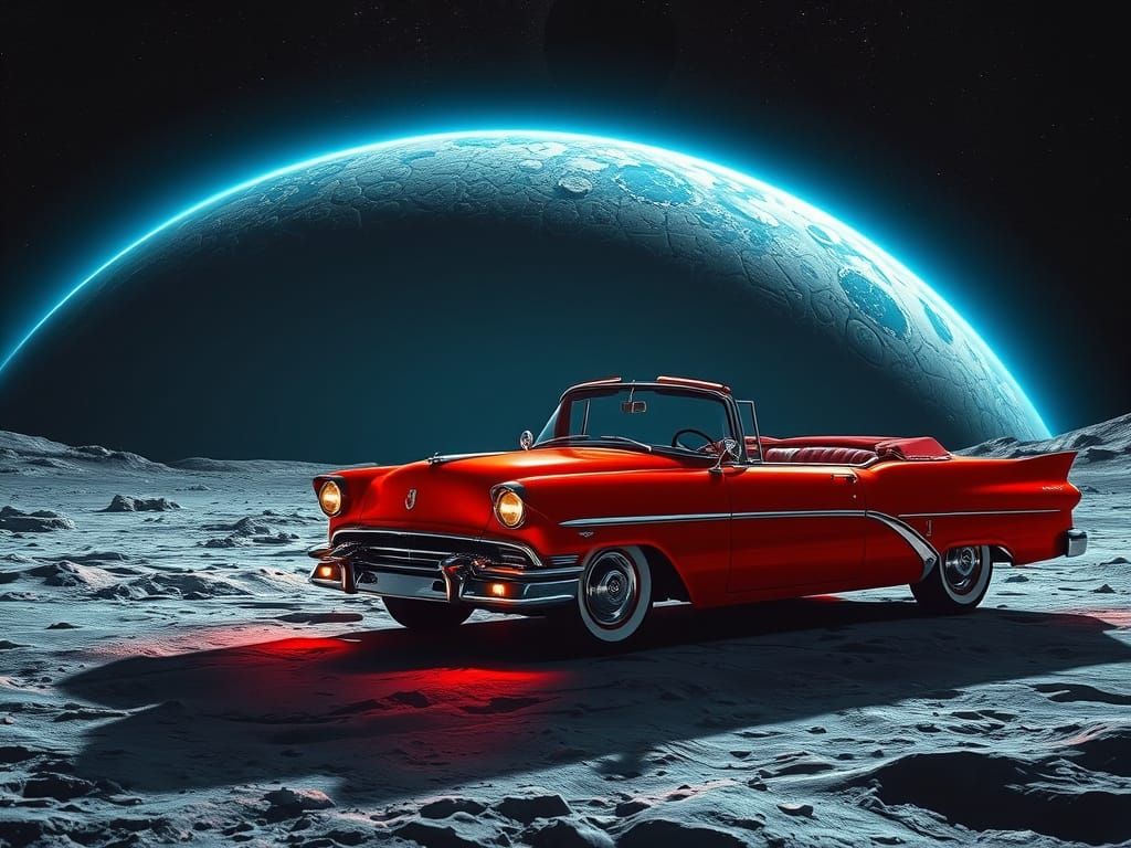 Retrofuturistic Car Watches Earth from Space on the Moon