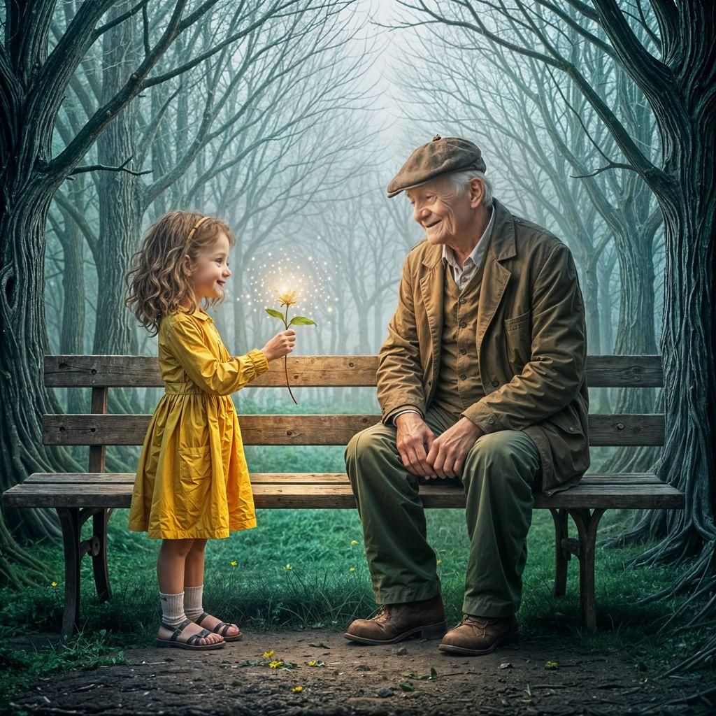 Girl Offers Flower on Gloomy Day: Digital Art