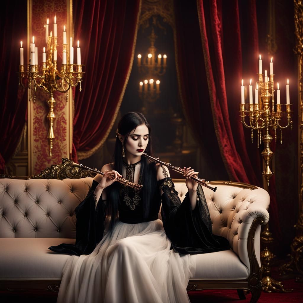Gothic Girl Playing Flute in Baroque Opulence