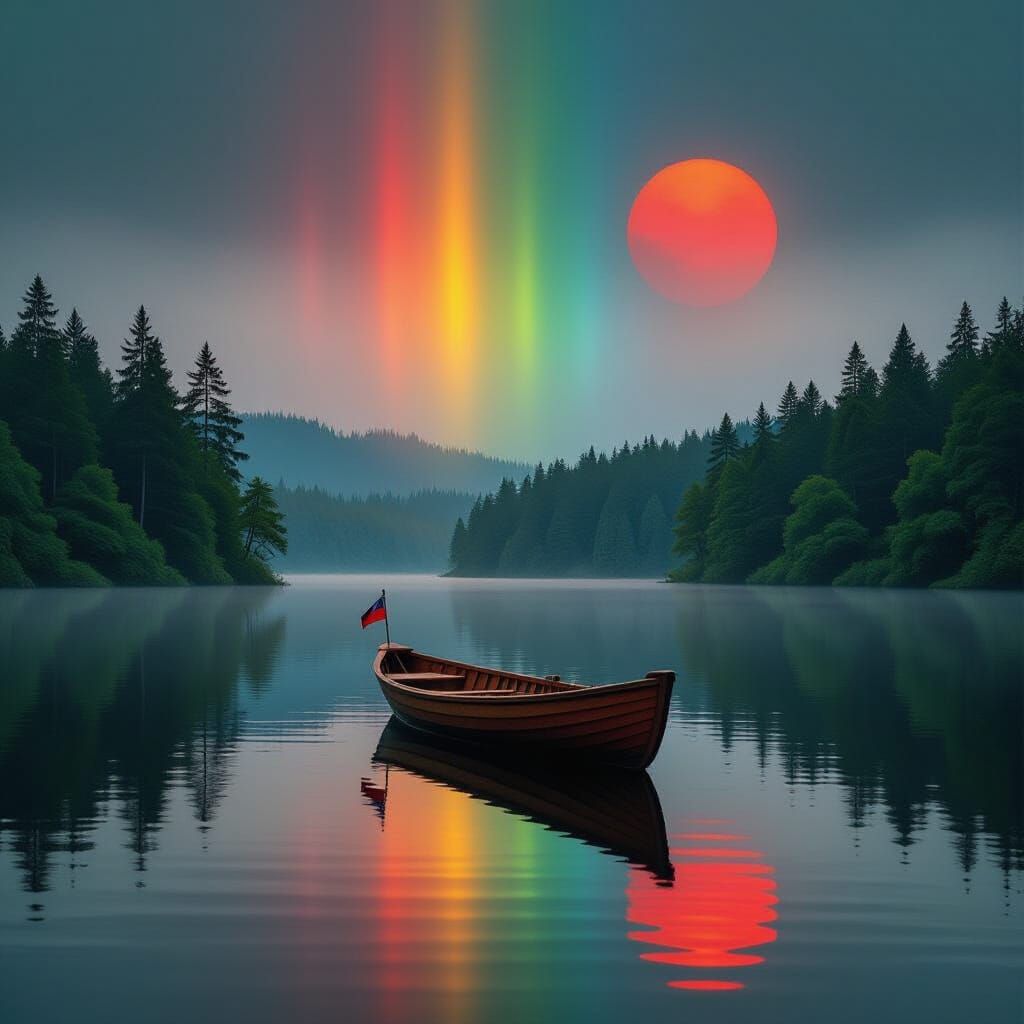 Surreal Wooden Boat on Lake with Aurora Light Streaks