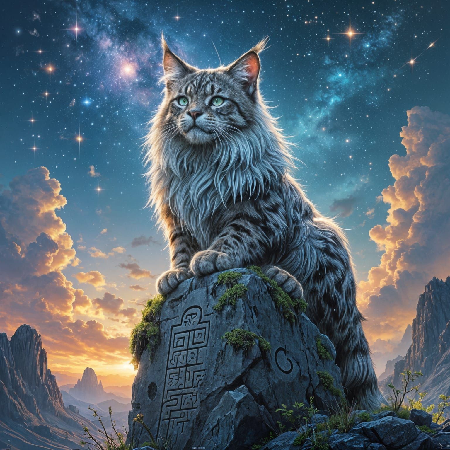 Nebula Cat on Ancient Stele in Cosmic Surrealism