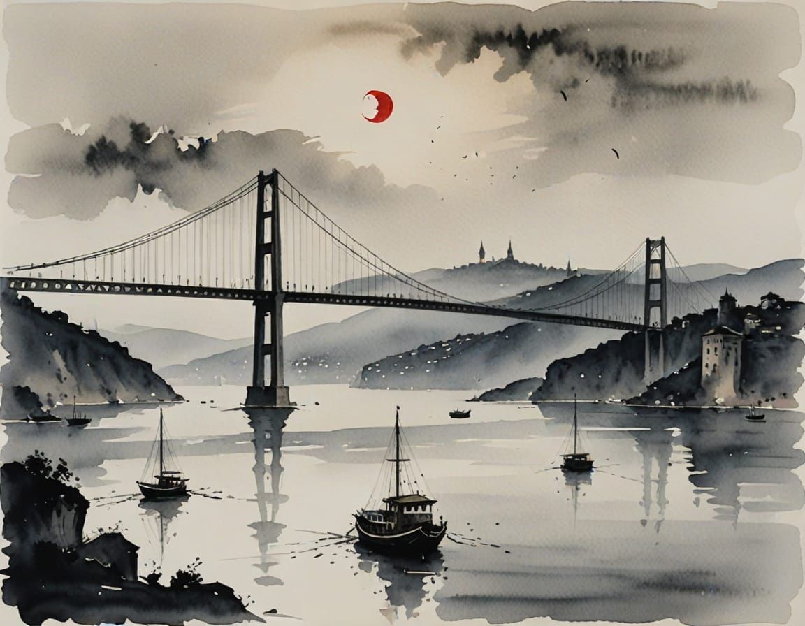 Minimalist Ink Wash Painting of Bosphorus Bridge Under Cresc...
