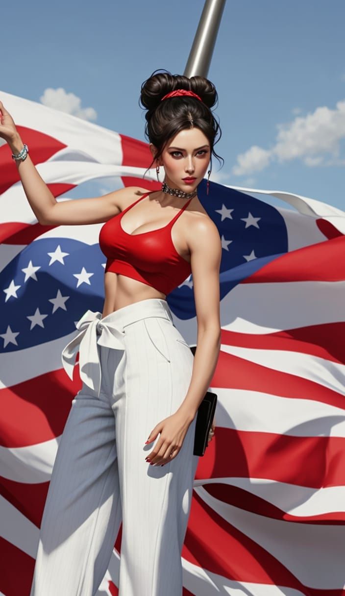 Patriotic Woman Waving Flag, Gothic Art Style