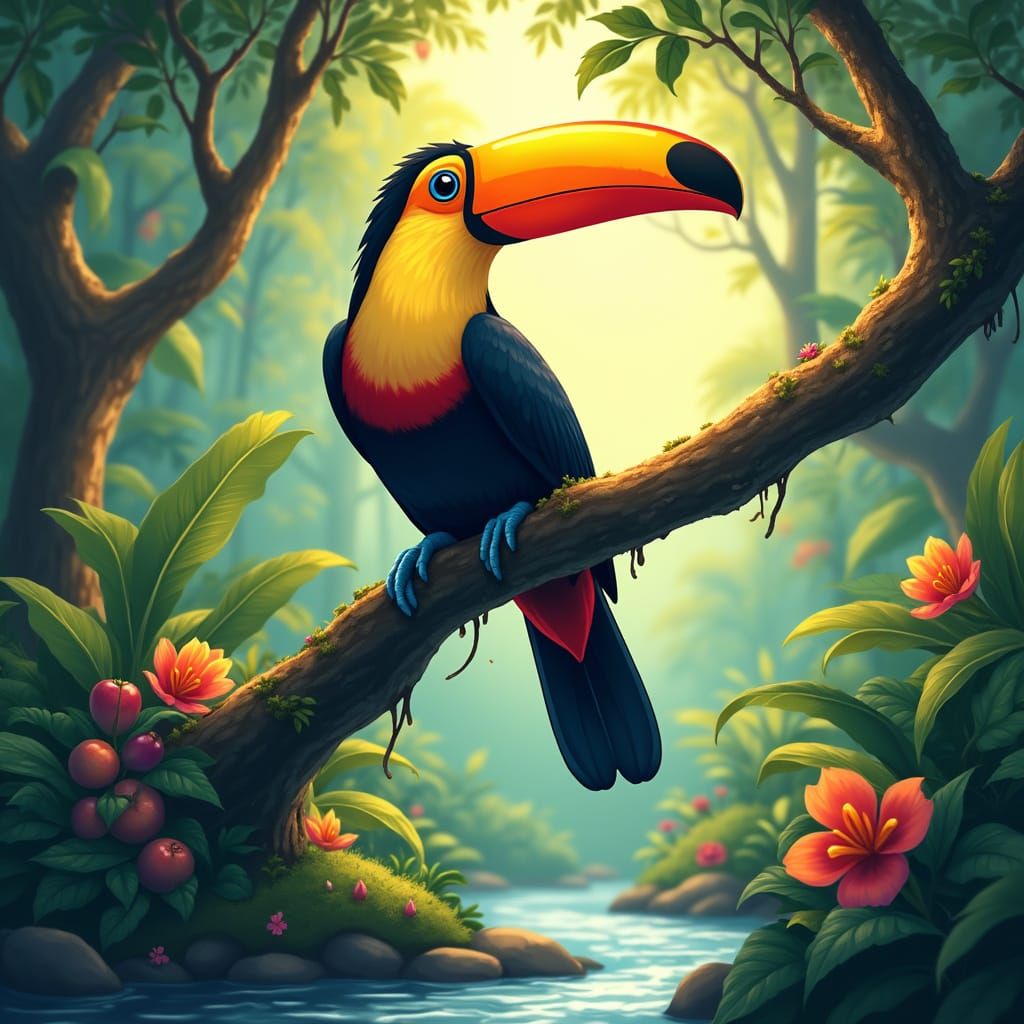 Toucan in Lush Rainforest Scene