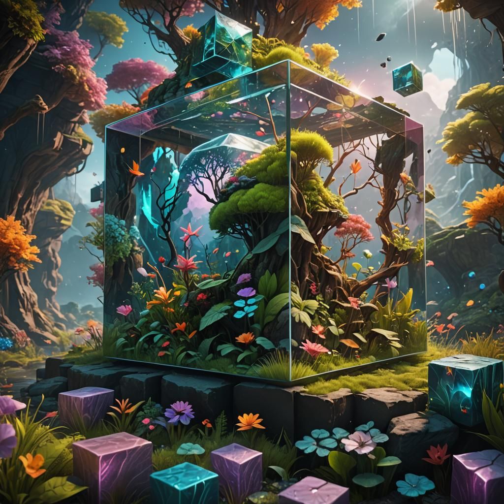 beautiful dreamlike nature scene in a cube