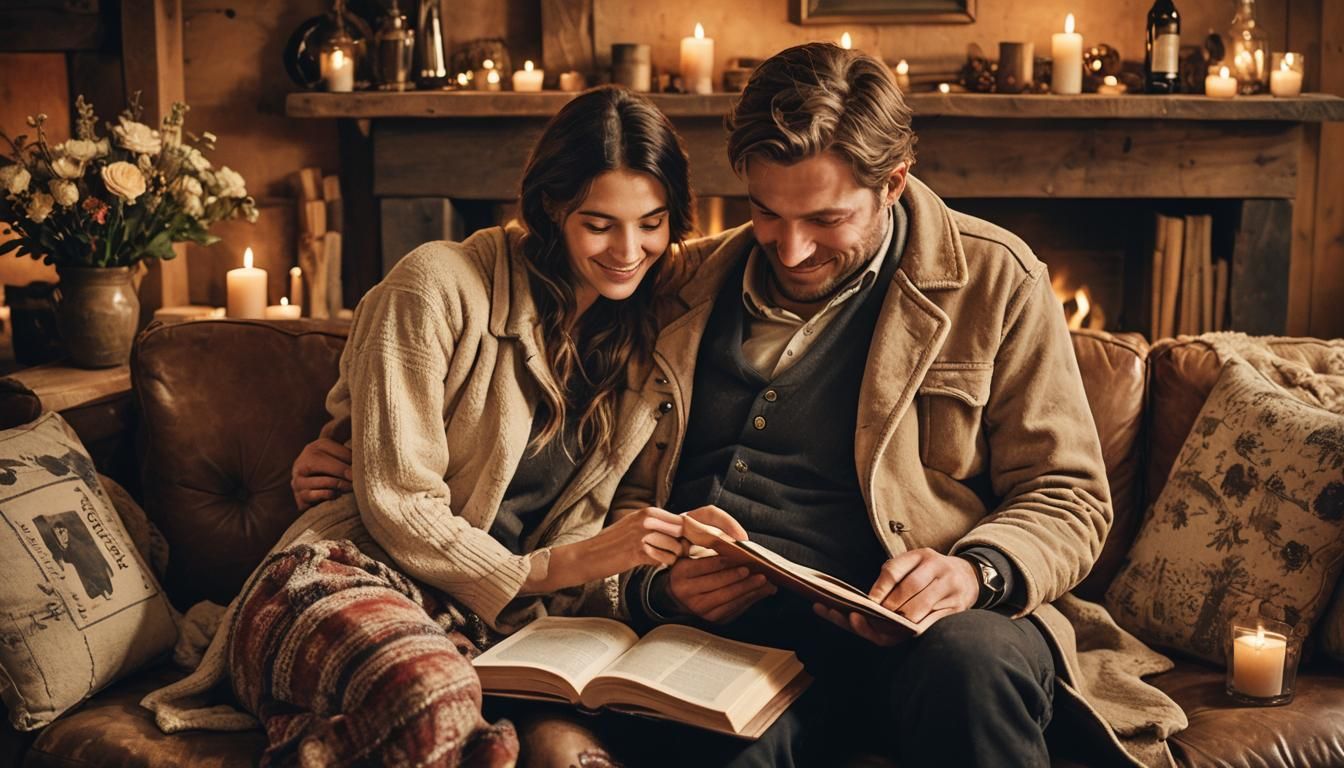Cozy Couple Reading by Fireplace in Rustic Chalet