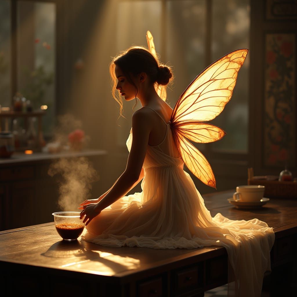 Hyper-Realistic Coffee Fairy in Mystical Alchemist's Worksho...