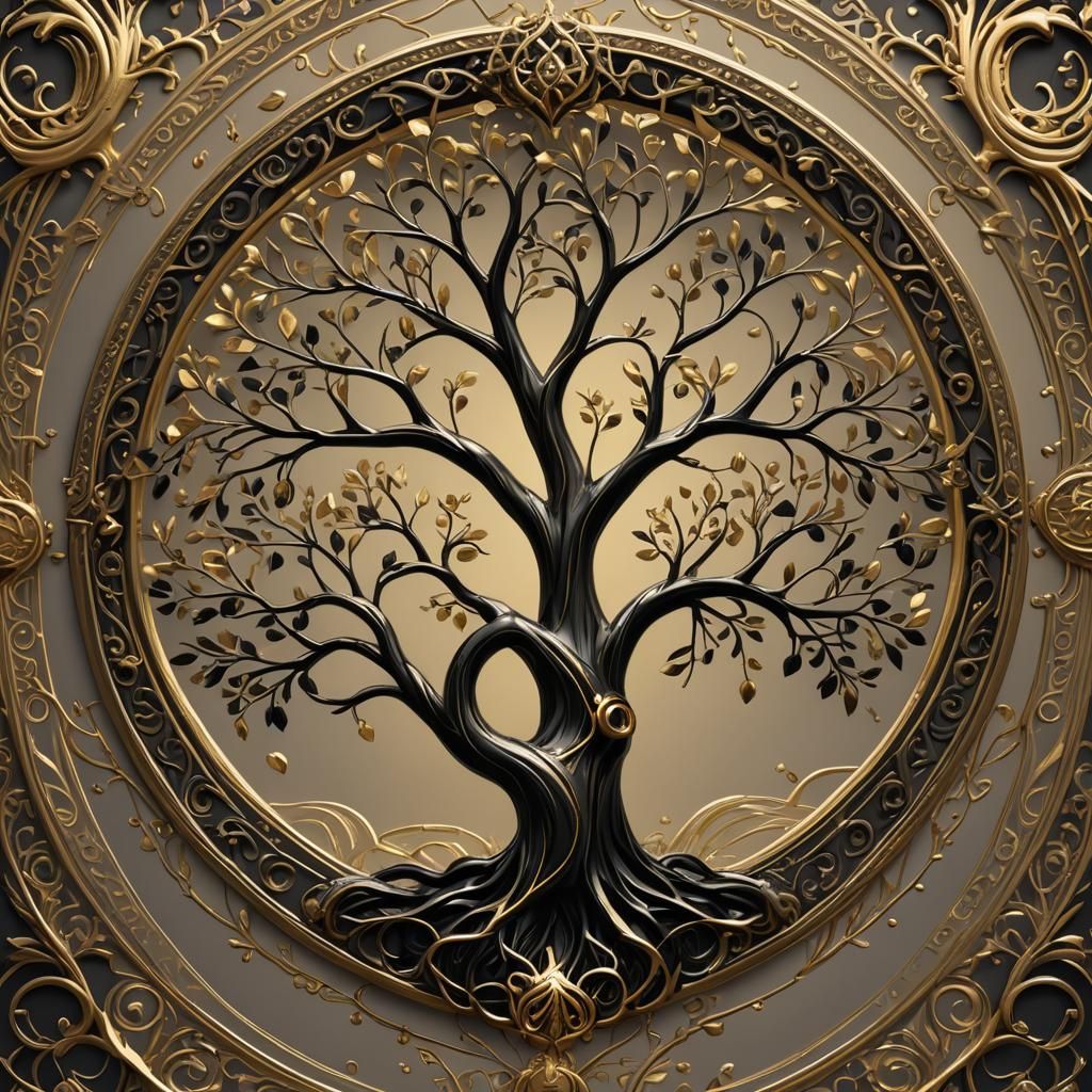 Gold and Black Tree of Life with Banners