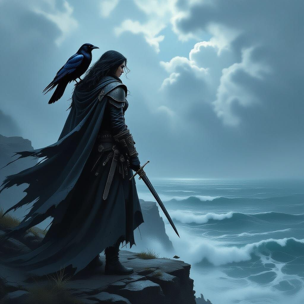Musketeer and Raven on Windswept Cliff, Dark Fantasy Art