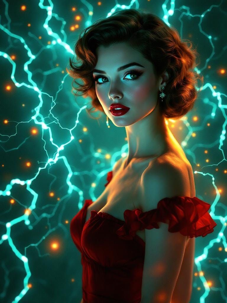 1950s Pin-Up with Circuit Overlay in Impressionist Style