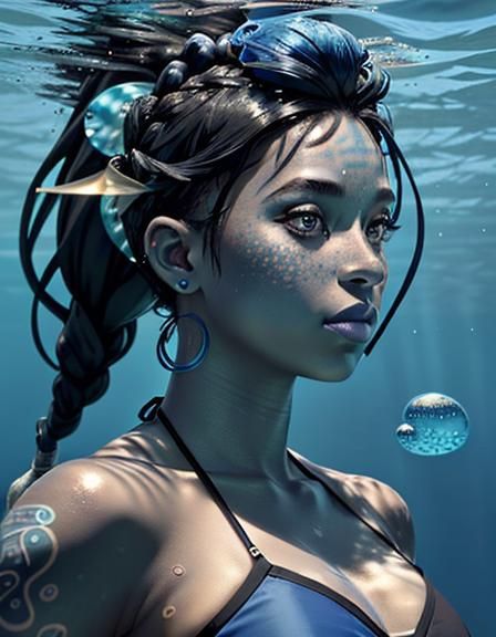 Underwater Blue Woman Portrait in Graffiti Art Style