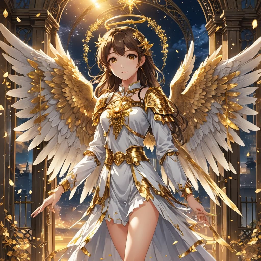 Anime Angel at Golden Gates with Brown Eyes