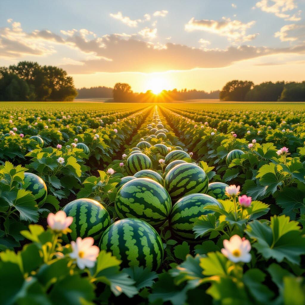 Watermelon Farm at Dawn in Ultra-Realistic Style