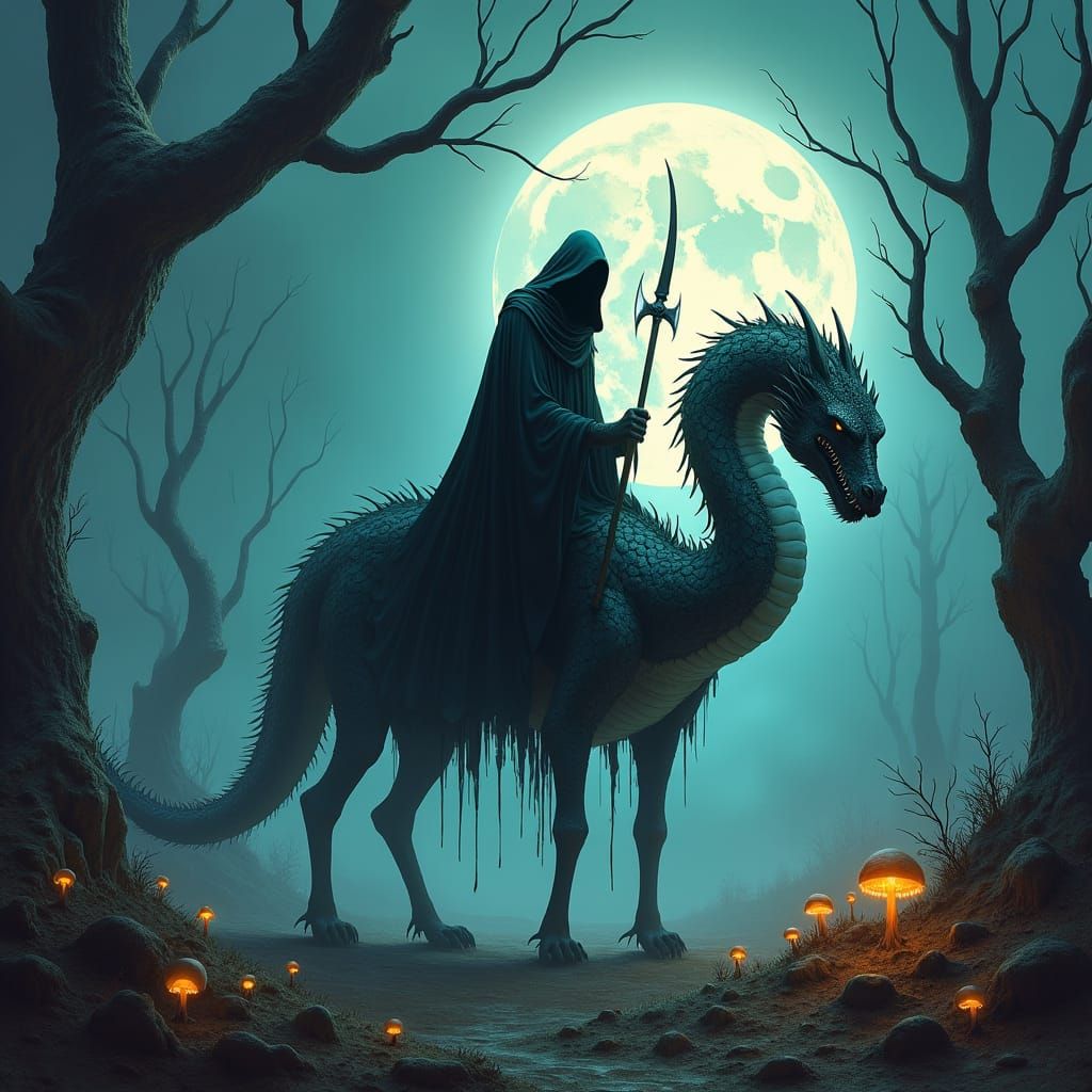 Reaper Rides Serpent in Dark Surrealist Landscape