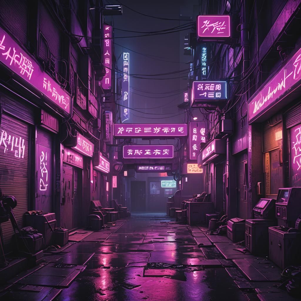 Cyberpunk Alley with Purple Neon Signs