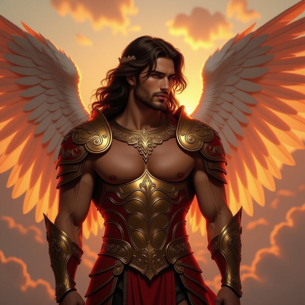 Muscular Angel in Red Gold Armor, Leo Zodiac