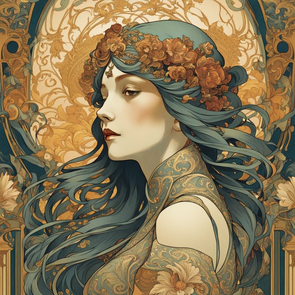 Elegant Alphonse Mucha-Inspired Masked Ballroom Dancer