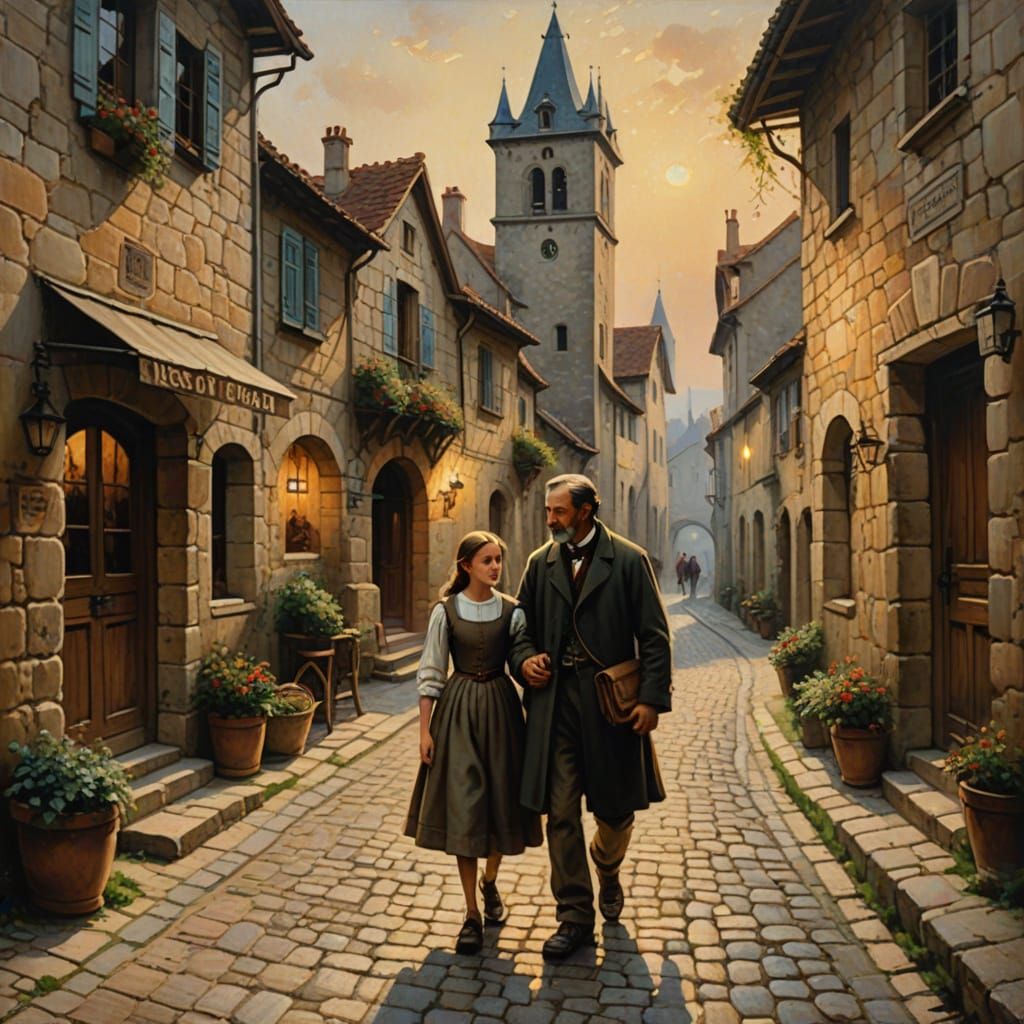 Father and Daughter in Medieval French Village Oil Painting
