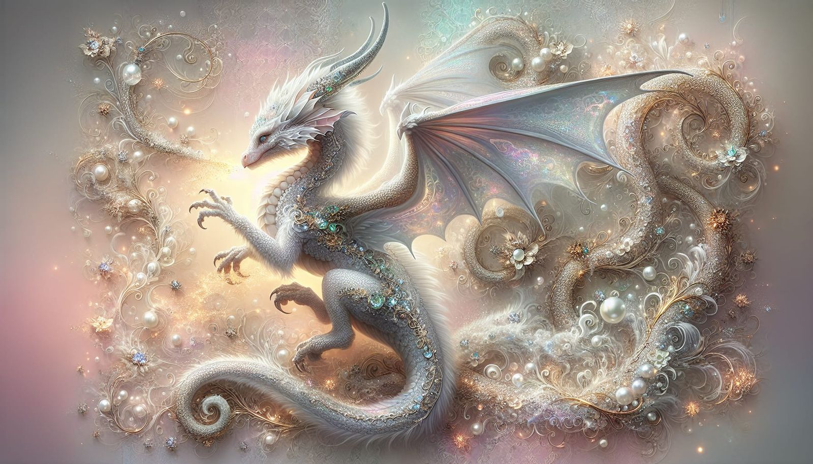 Iridescent White Dragon with Gold Details