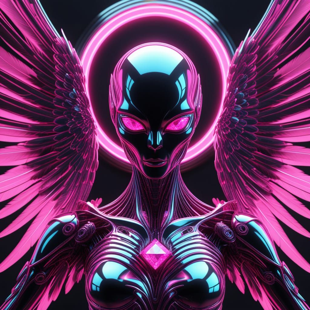 Cybernetic Angel with Pink Diamond Sun Portrait