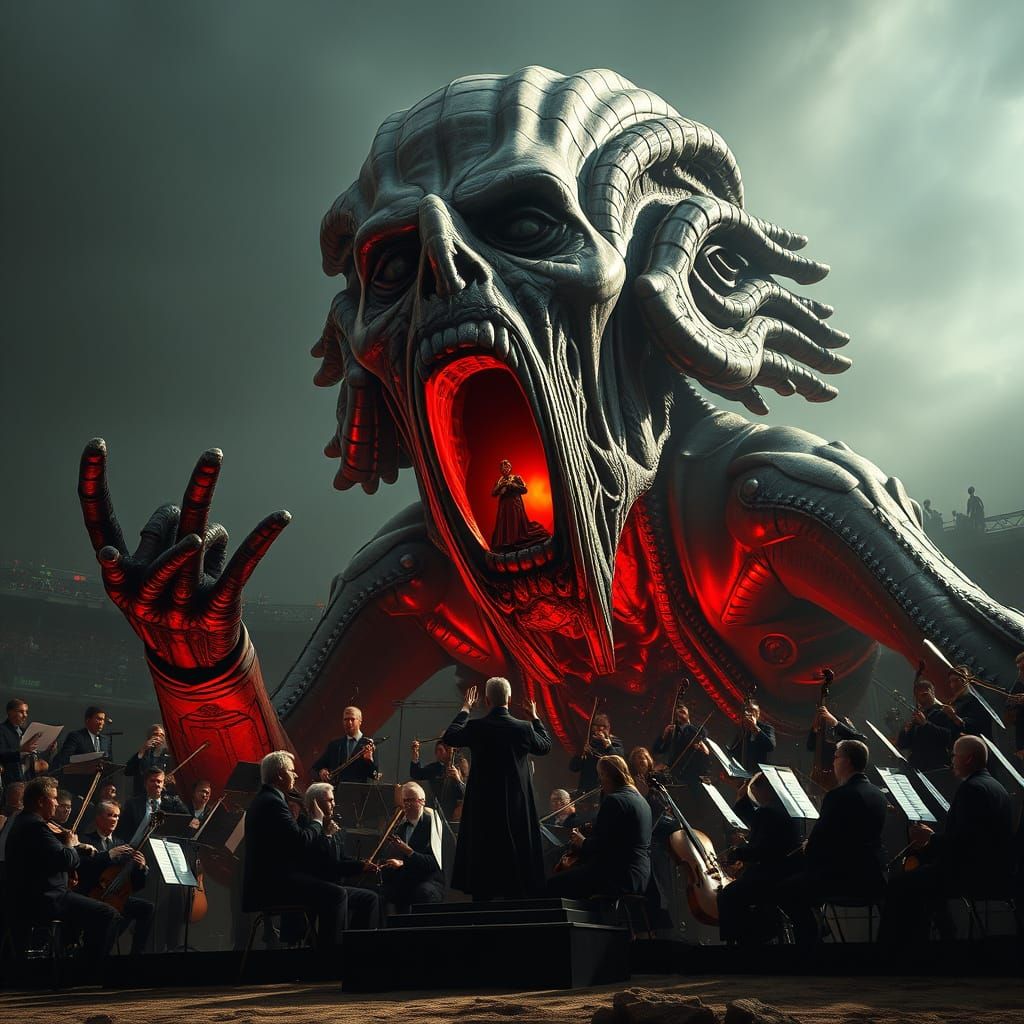 Giant Opera Singer with Orchestra in Mouth