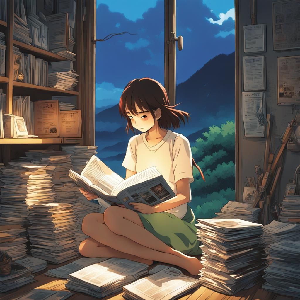 Girl Reading Comics: Studio Ghibli Anime Art