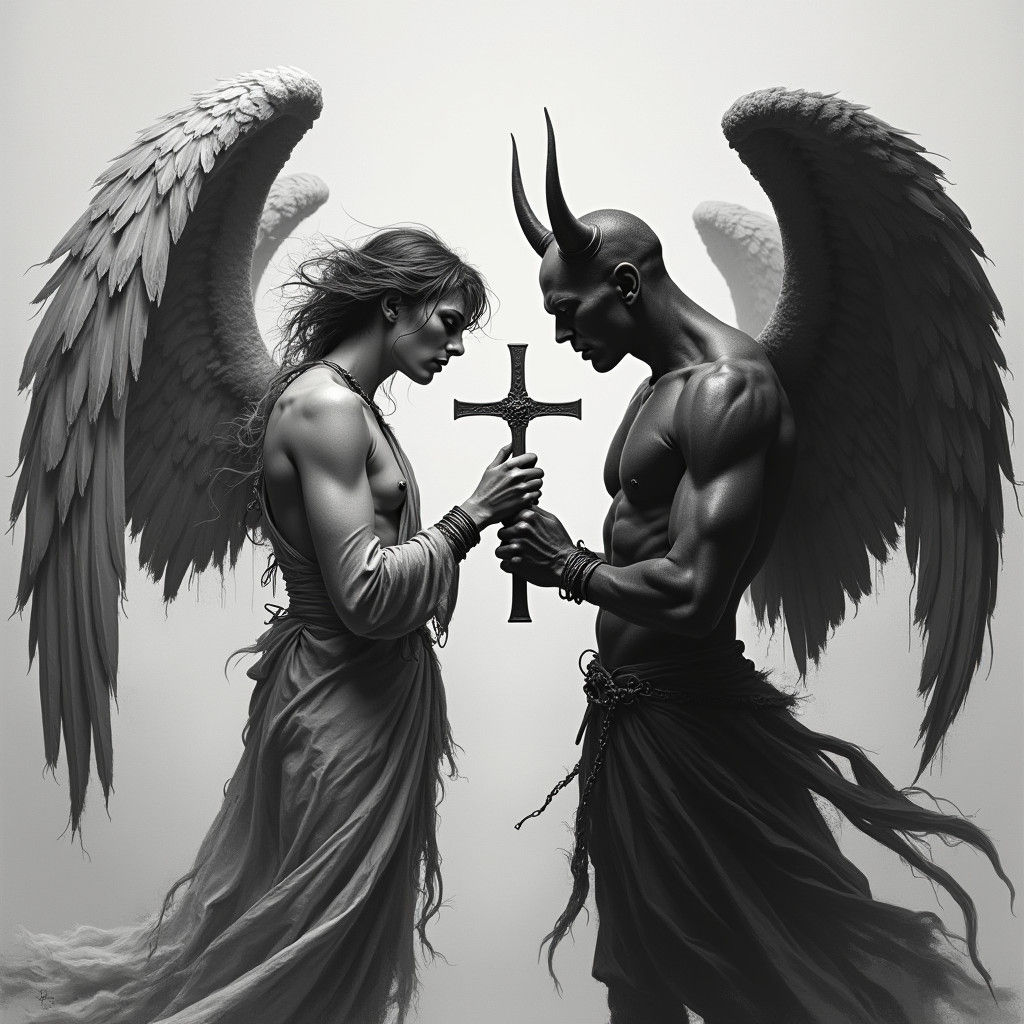Angel and Devil Tattoo Design in Black and White