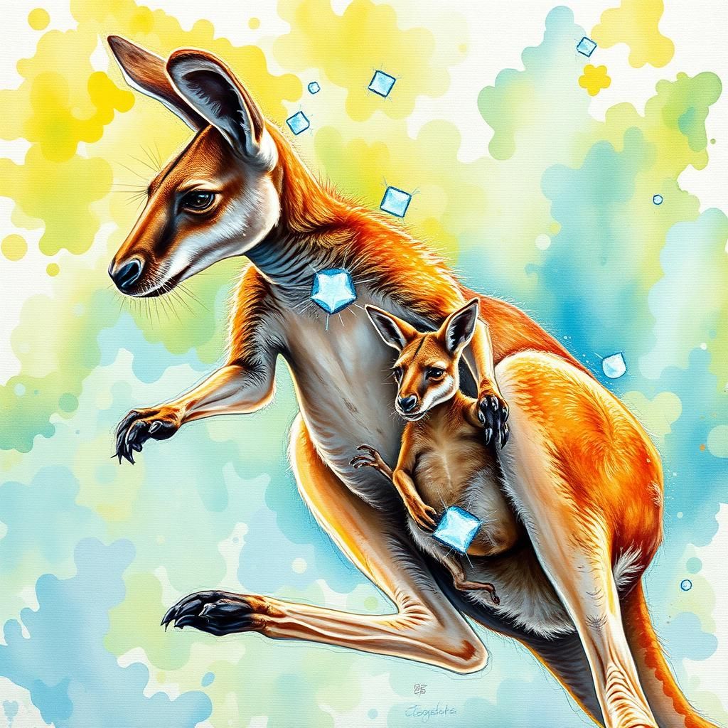 Kangaroo and Joey: Hyperrealistic Watercolor and Ink Art