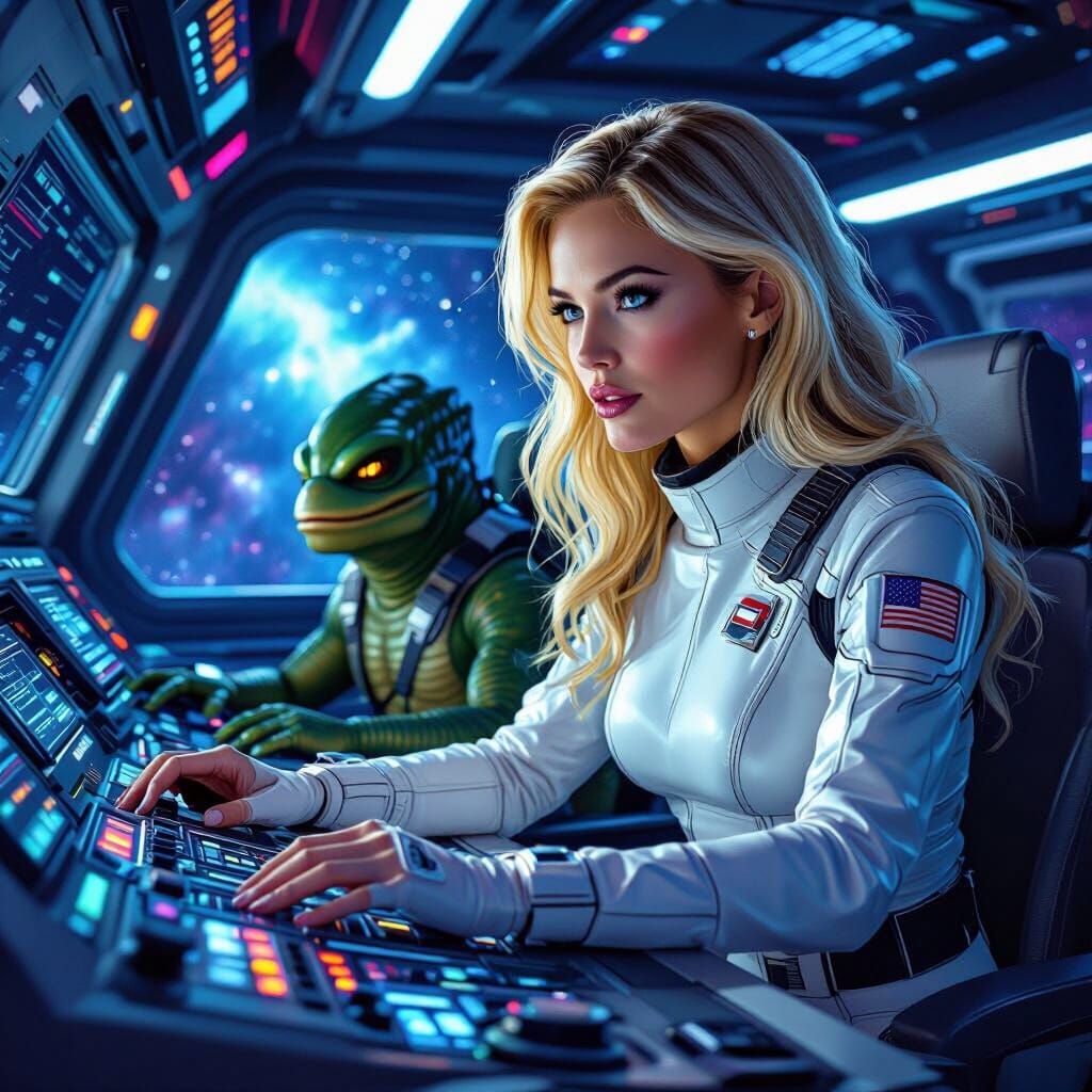 Blonde Space Woman and Gill-Man Co-Pilot on Starship