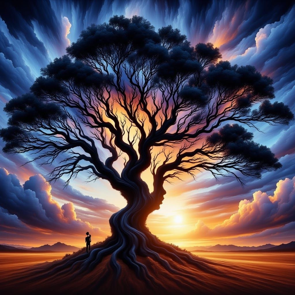 Majestic Ebony Tree in Desert Landscape at Dawn