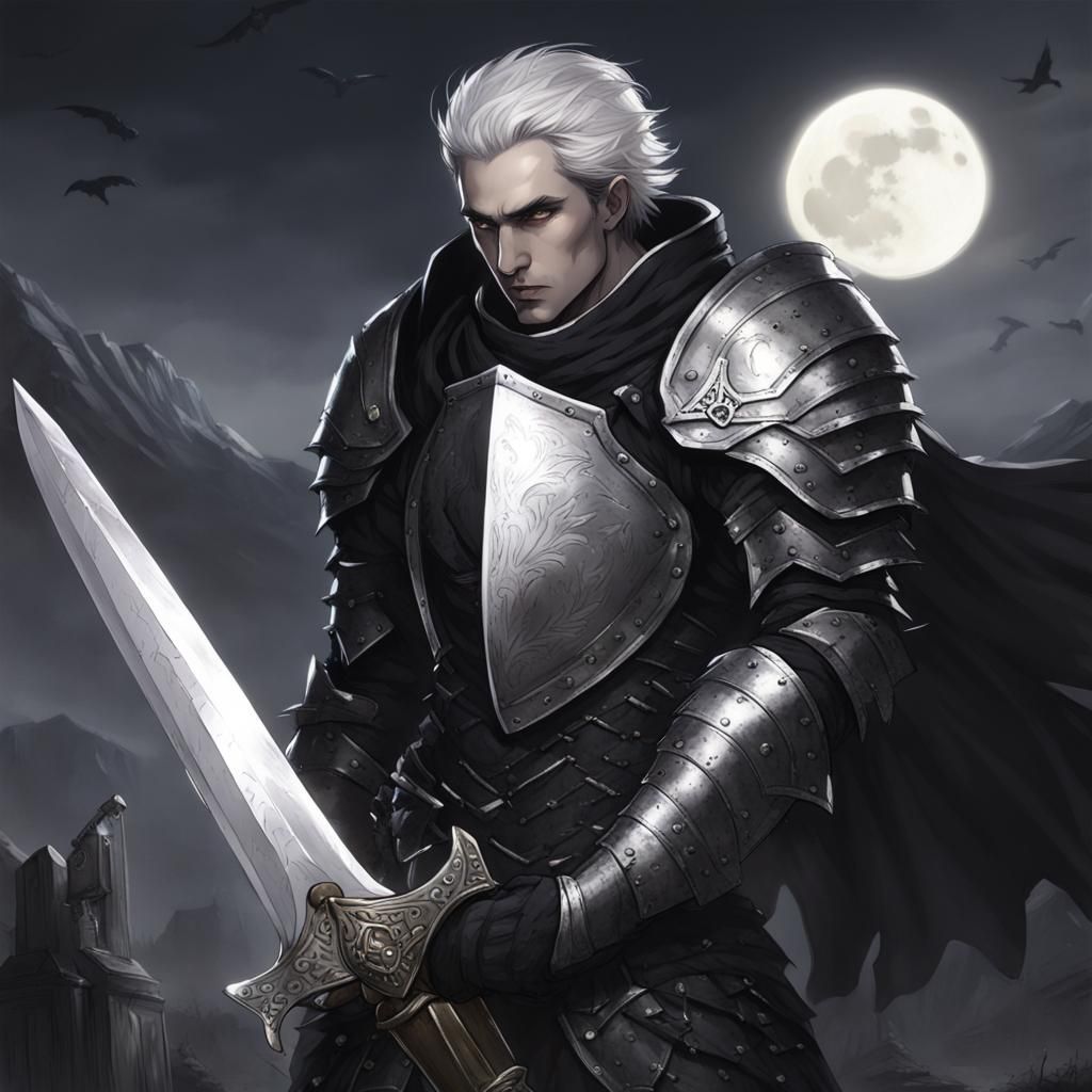 Aasimar Fallen Paladin of Shadows in Dark Armor