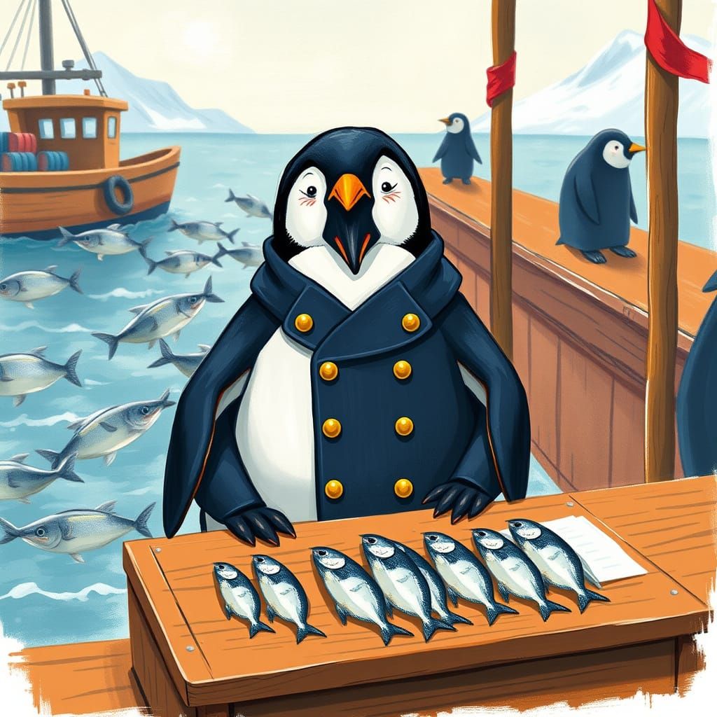 Whimsical Penguin Customs Officer Collects Sardine Tariffs a...