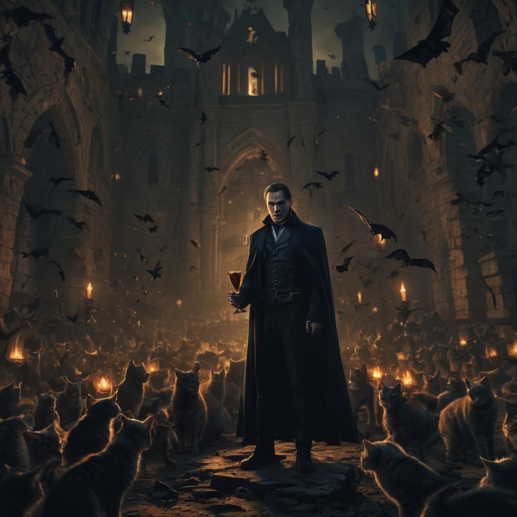 Elegant Vampire in Ruined Castle Horror Concept