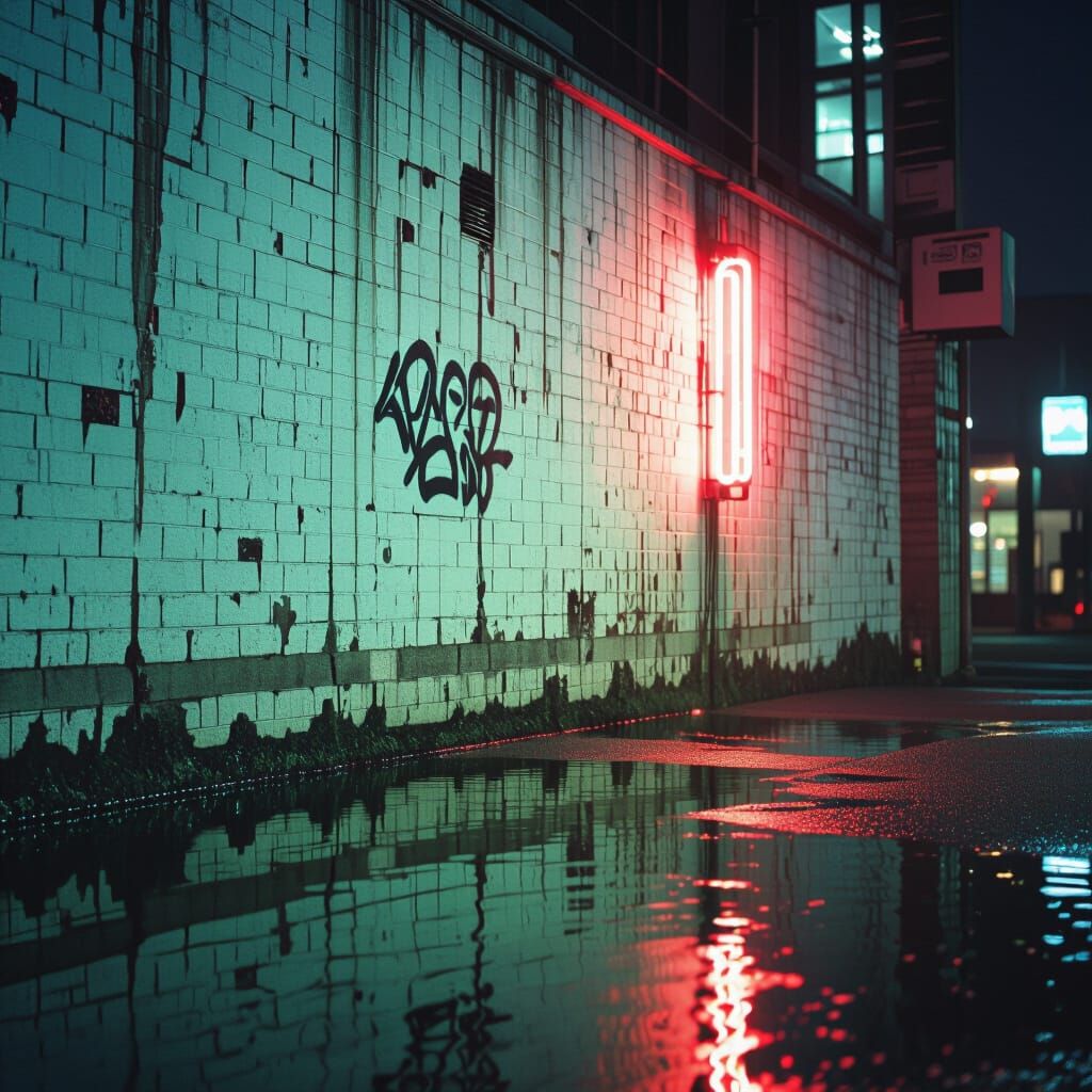 Neon Lights Reflecting on Wet Floor at Night
