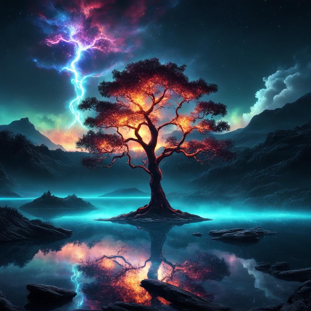 Luminescent Flaming Tree on Alien Planet