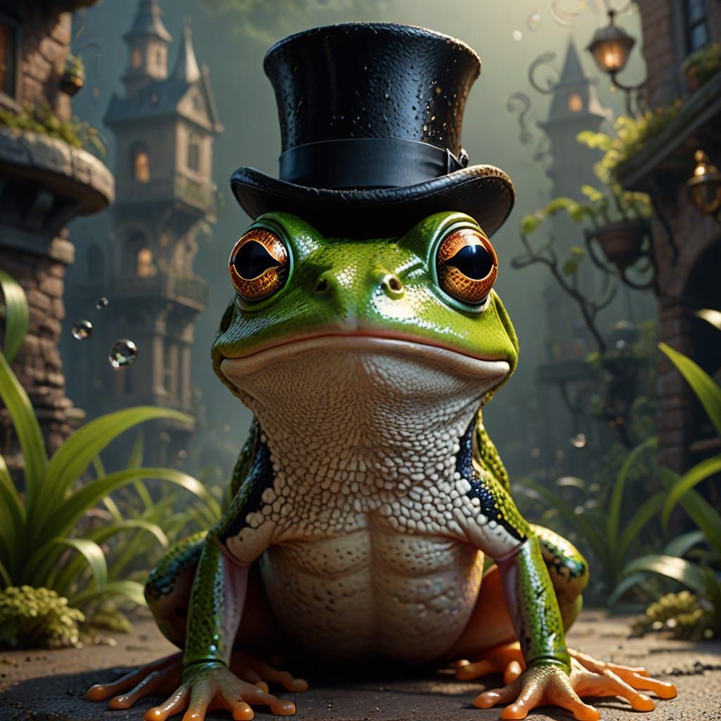 Shocked Frog in Top Hat: Detailed Fantasy Art