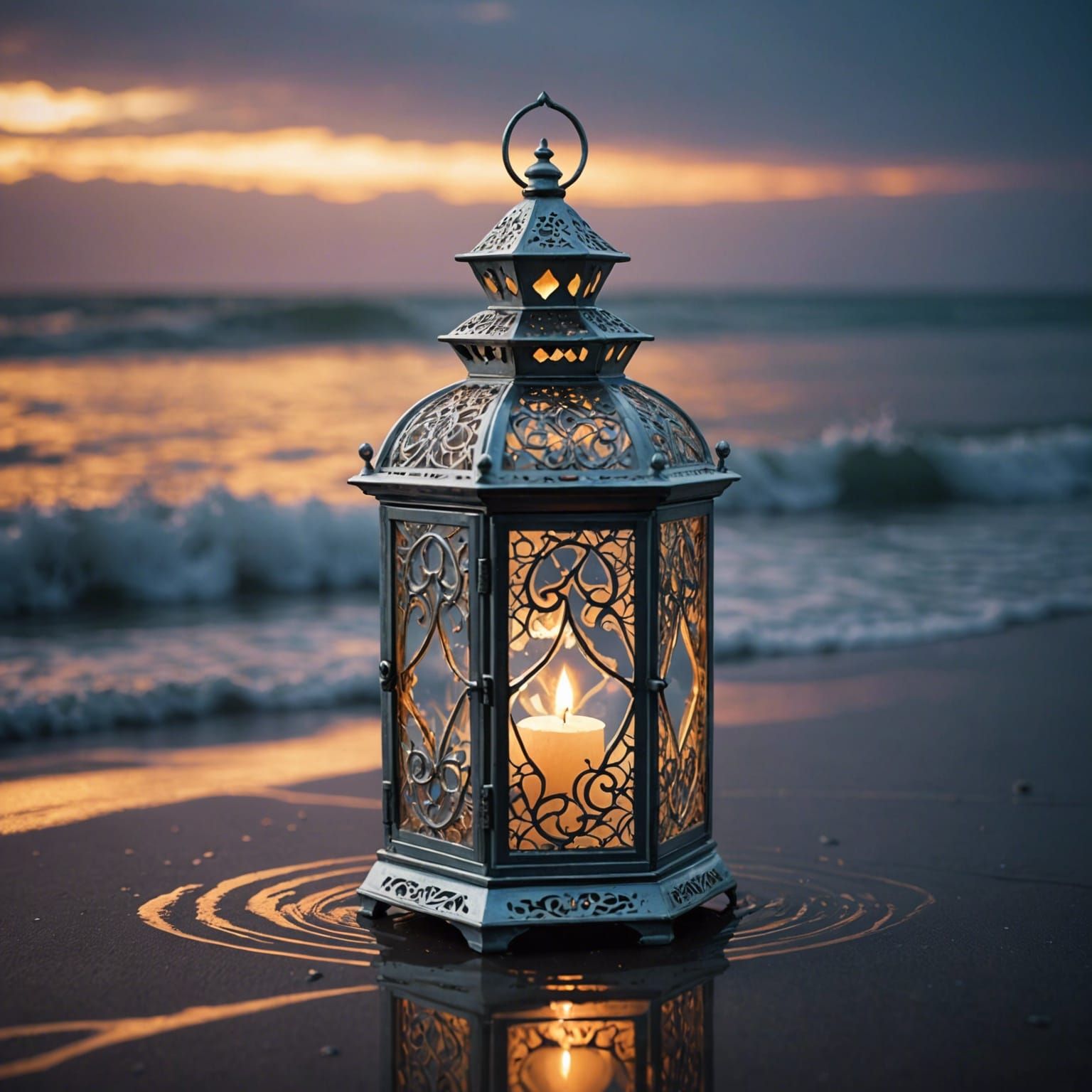 Vintage Lantern Glows with Fractal Reflections