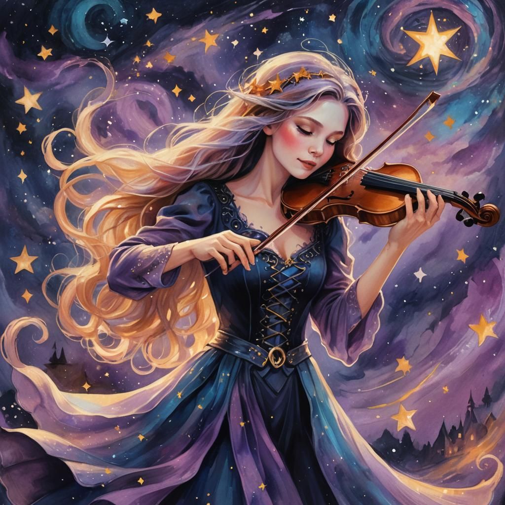 Enchanting Witch Plays Starry Violin Under Magical Sky