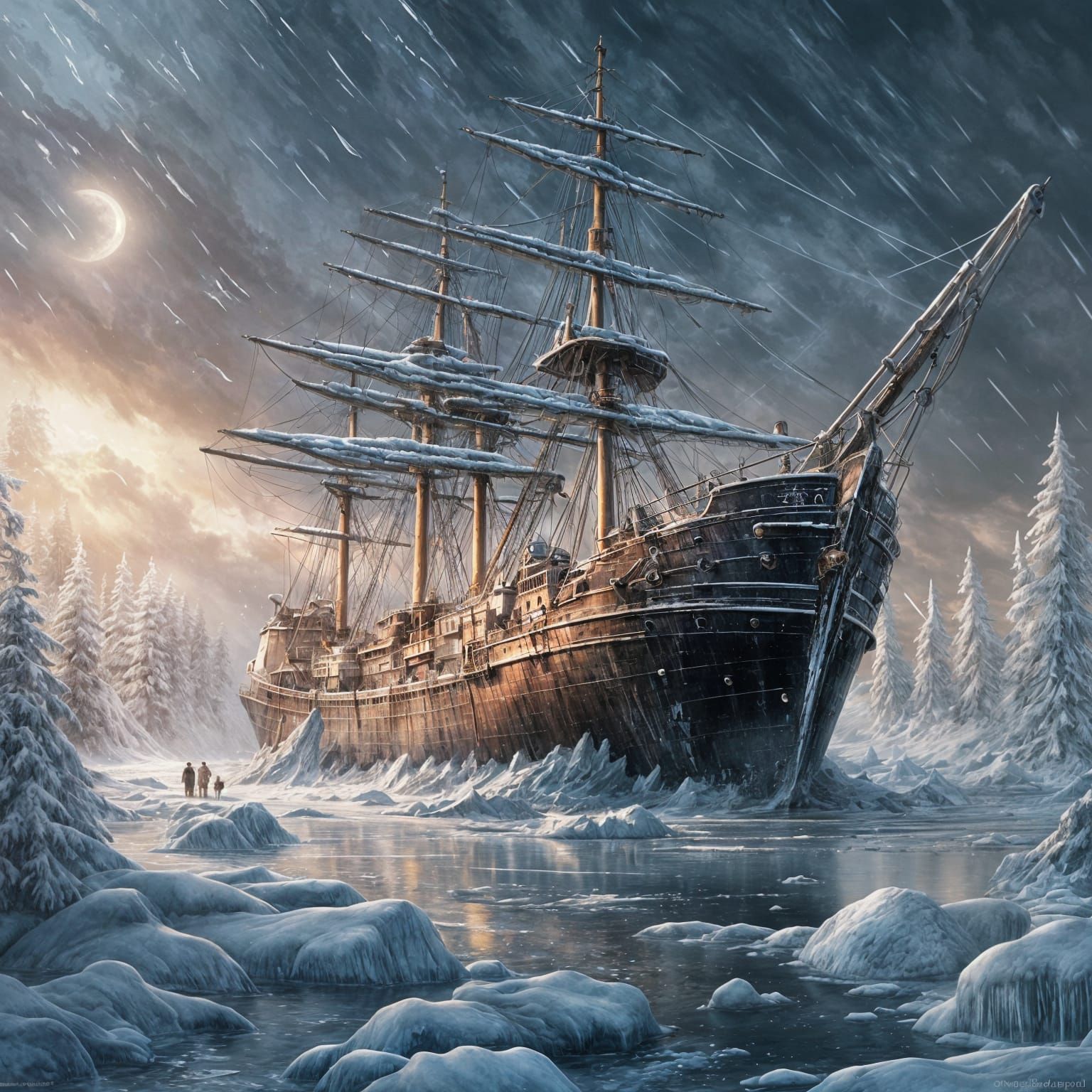 Ghost Ship on Icebergs Seascape in Watercolor Style